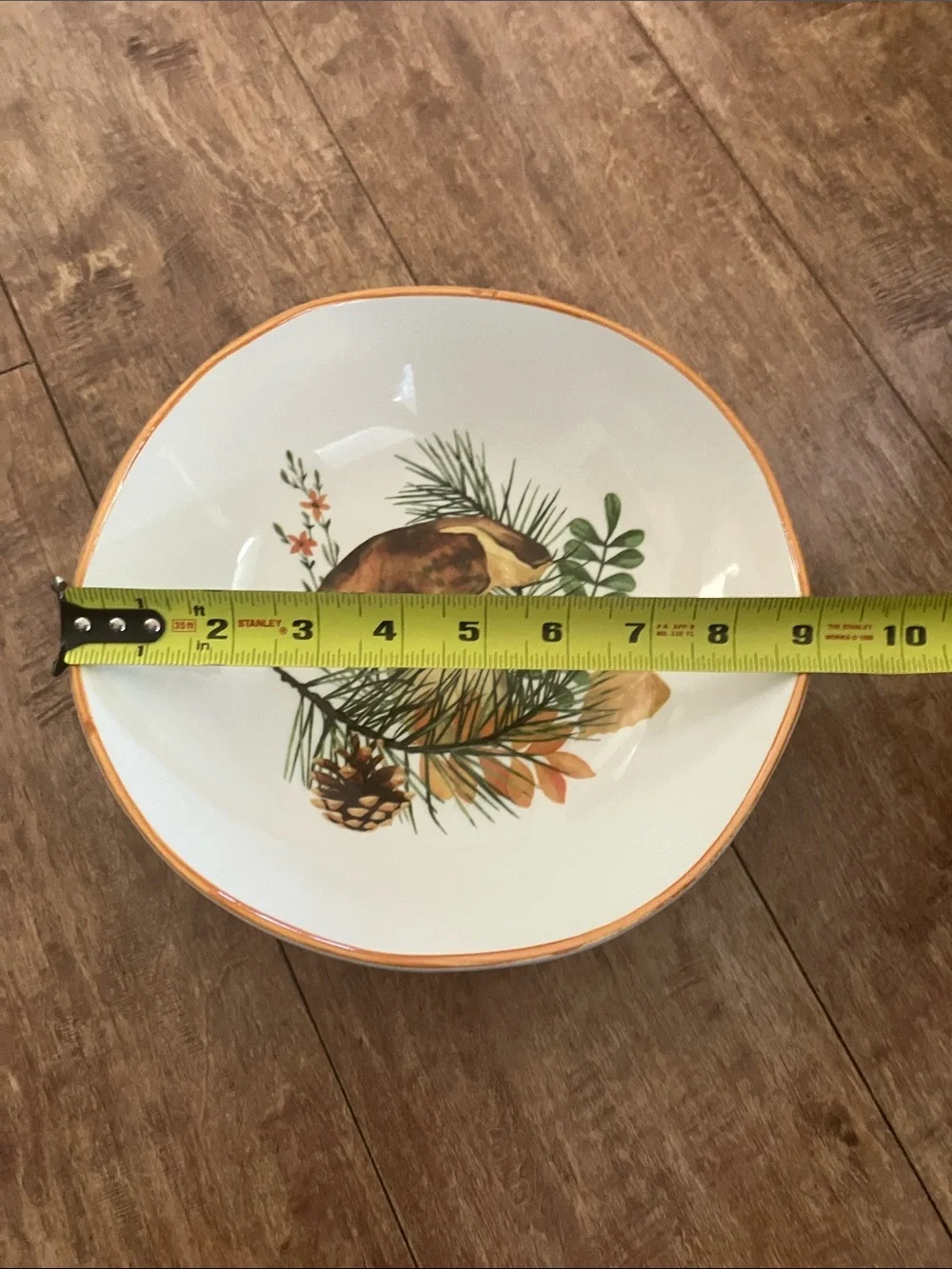 Vintage Cottage Ceramic Serving Bowl with Brown Mushroom & Green Botanical Moti